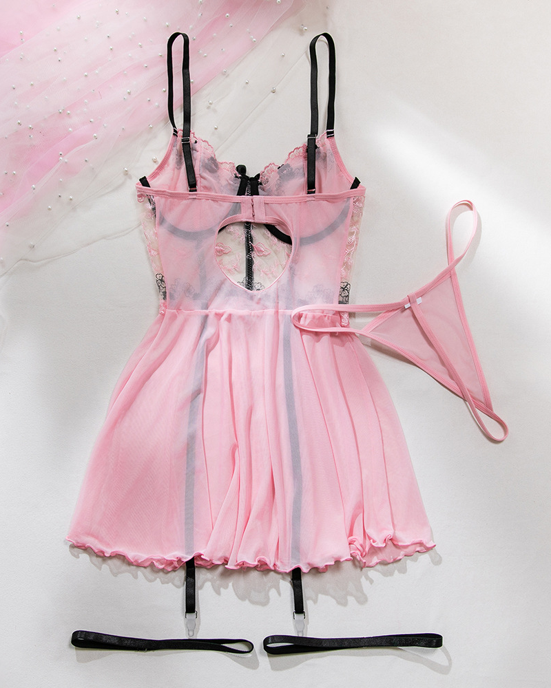 Sheer Mesh Printed Lace Push-Up Spaghetti Strap Lingerie