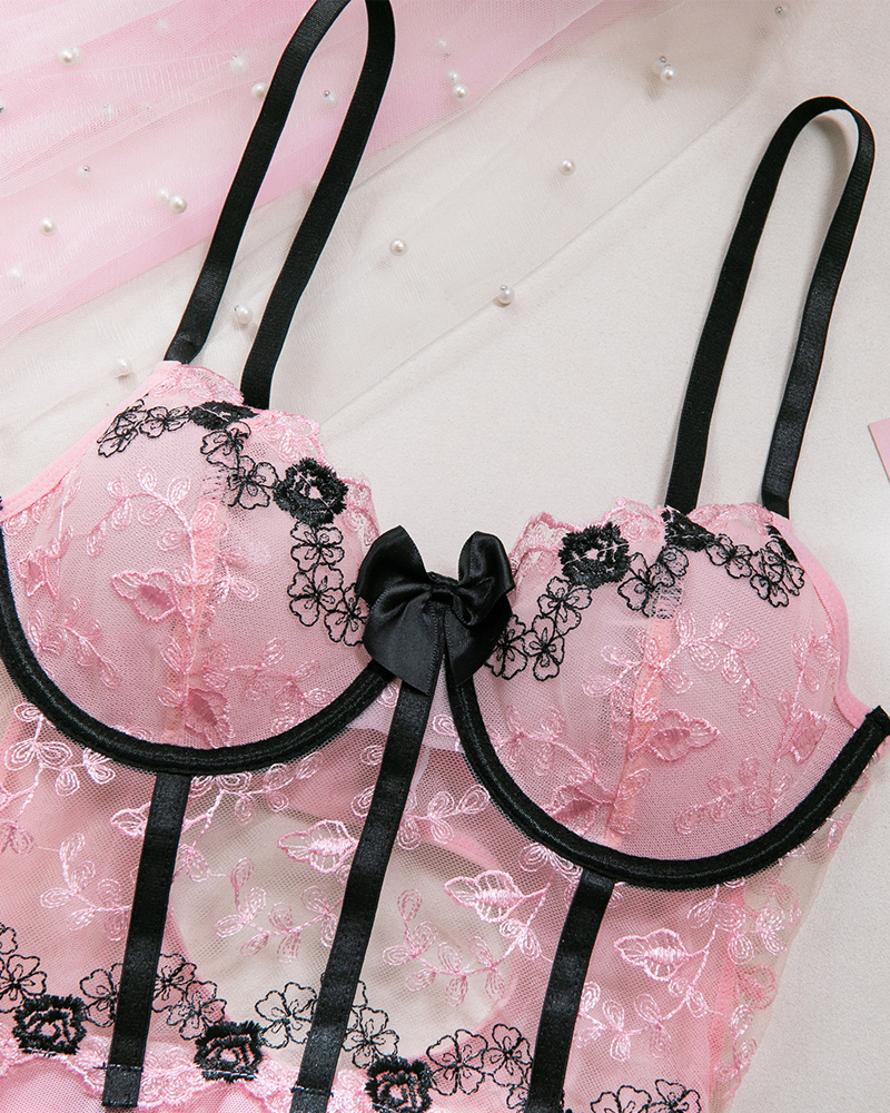 Sheer Mesh Printed Lace Push-Up Spaghetti Strap Lingerie