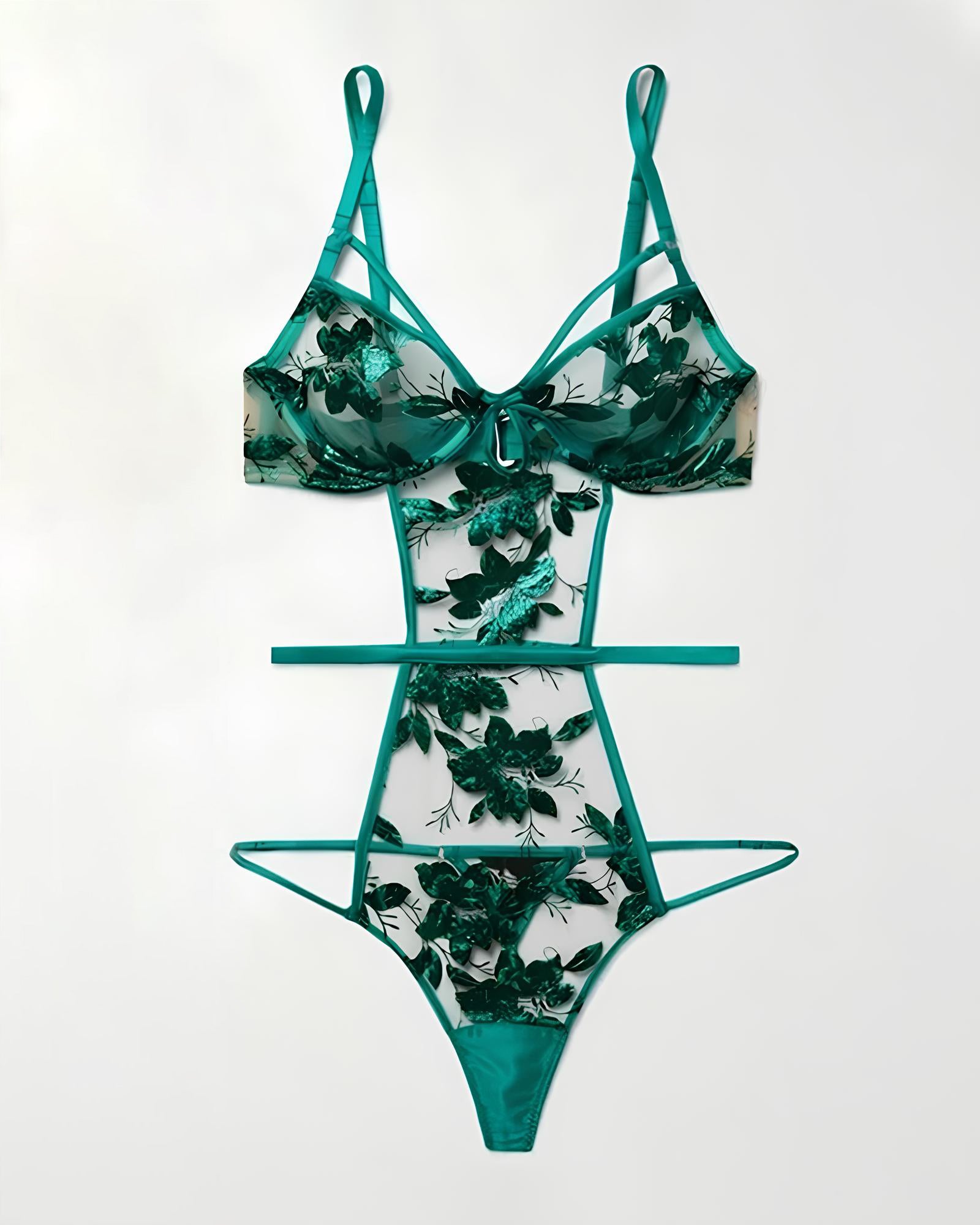 Green Floral Embroidered Sheer Mesh Bodysuit