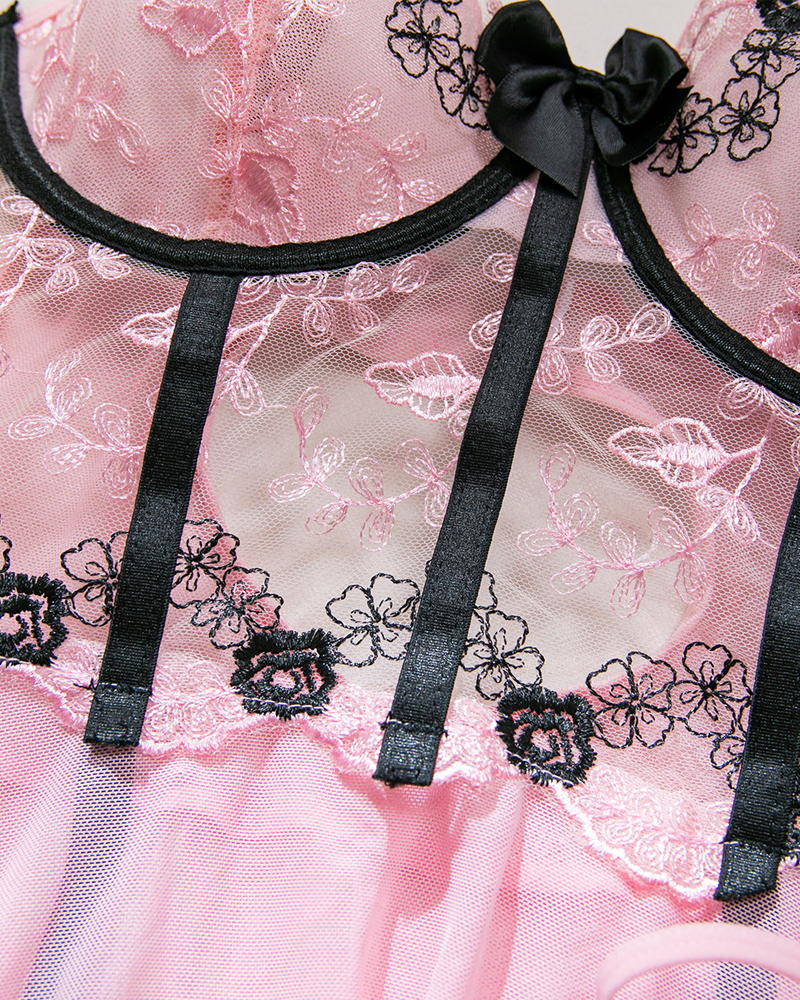 Sheer Mesh Printed Lace Push-Up Spaghetti Strap Lingerie
