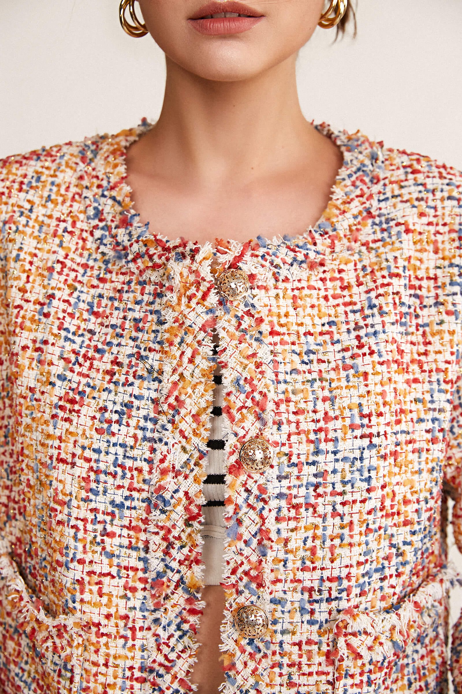 Multicolor Frayed Trim Button-Up Tweed Jacket