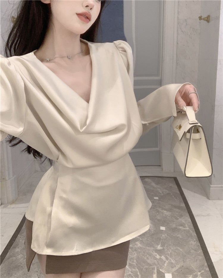 Beige Satin Cowl Neck Long Sleeve Blouse