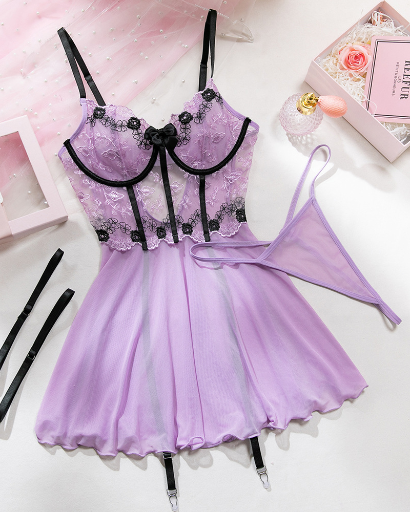 Sheer Mesh Printed Lace Push-Up Spaghetti Strap Lingerie
