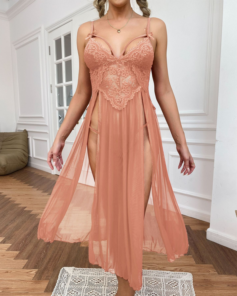 Sheer Mesh Deep V-Neck Lace Side Slit Slip Dress