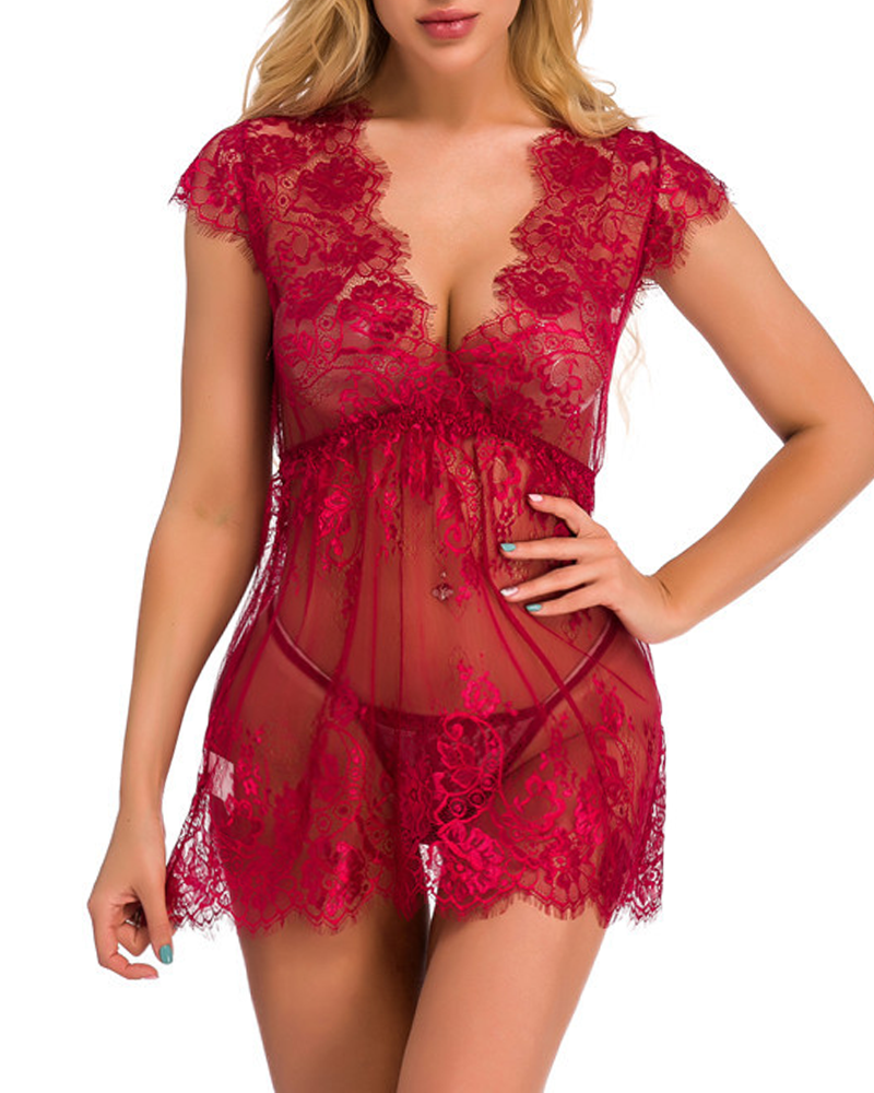 Sheer Lace Deep V-Neck Cut-Out Babydoll Nightgown