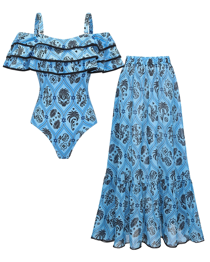 Blue Printed Waist Cut Out Swimsuit Set