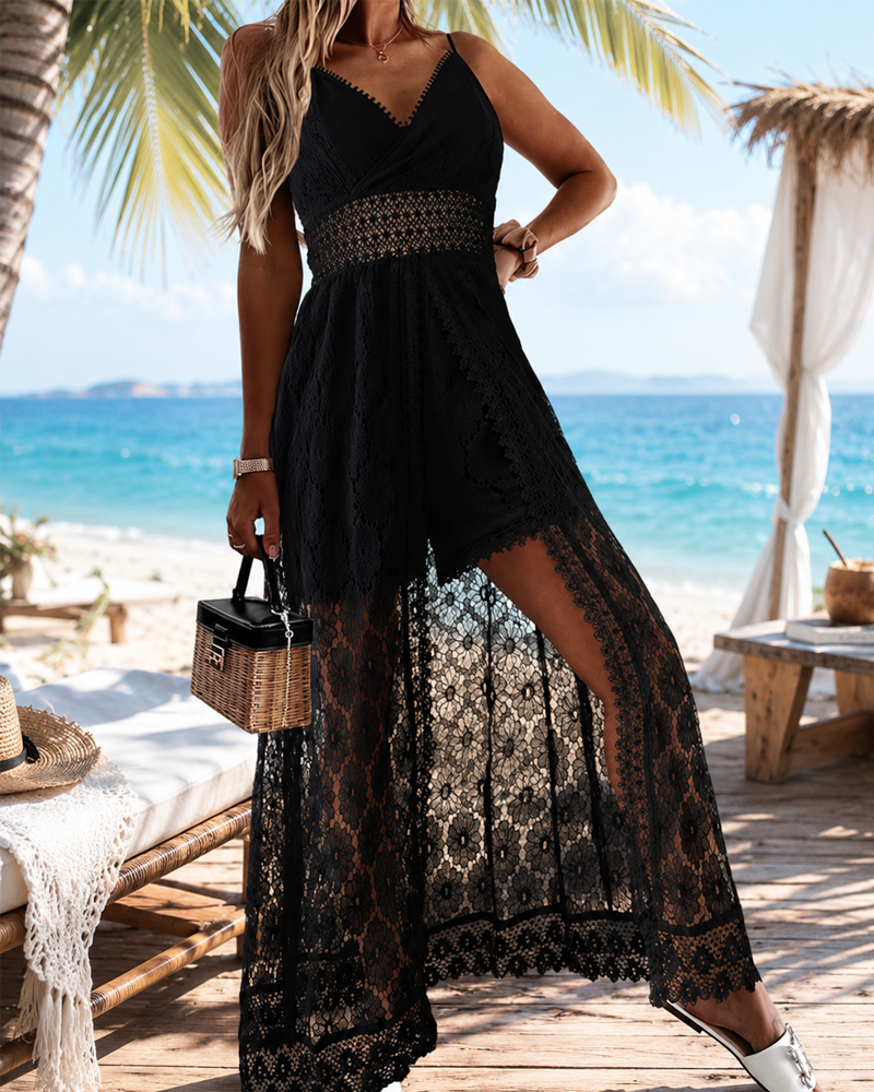Lace Bodysuit Romper with Sheer Cape
