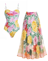 Adjustable Strap Abstract Floral Swimsuit Set