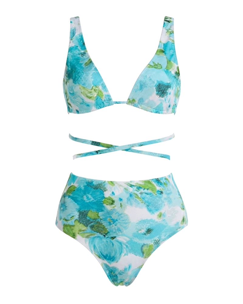 Abstract Blue Floral Swimsuit Set