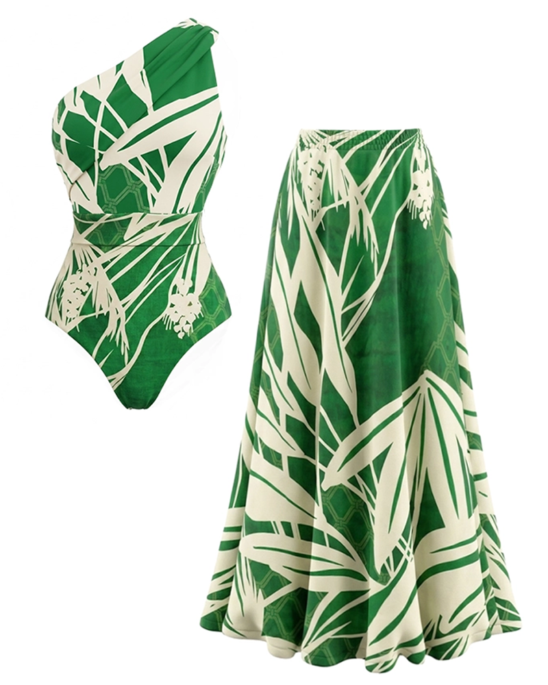 Elegant Green Botanical Print Swimsuit Set