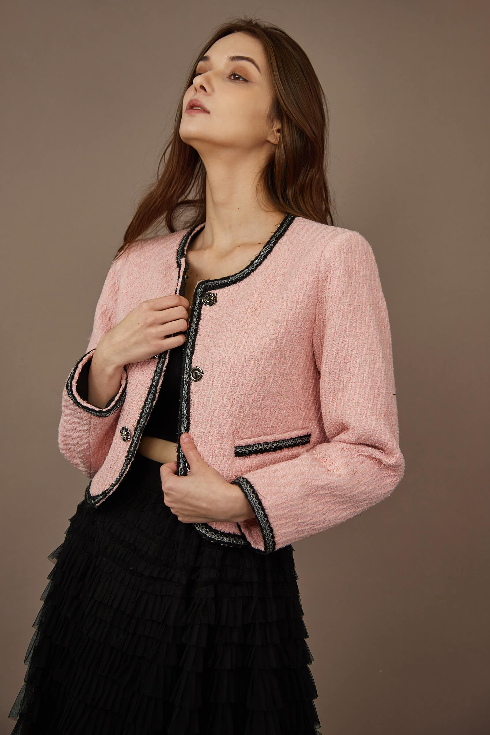 Pink Contrast Trim Tweed Jacket