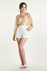 Beige Floral Embroidery Button Front Balloon Sleeve Blouse