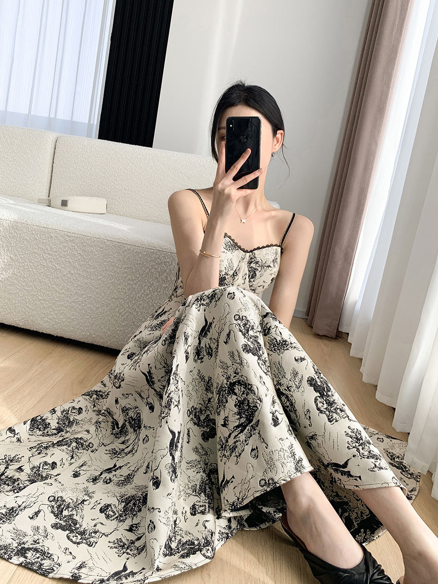 Floral Print Tie Strap Ruffle Detail Ivory Midi Dress