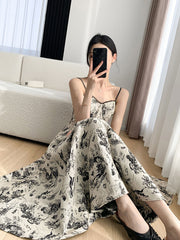 Floral Print Tie Strap Ruffle Detail Ivory Midi Dress