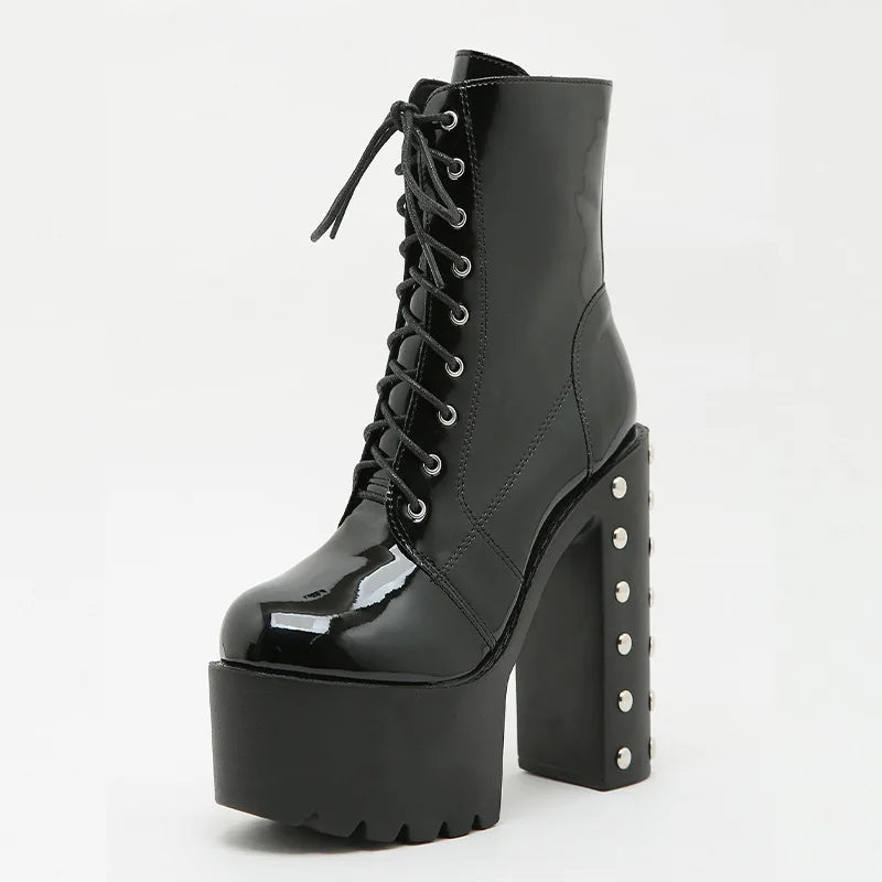 14 Cm Super High Heel Platform Modern Boot Women High Quality Patent Leather Rivets Punk Plus
