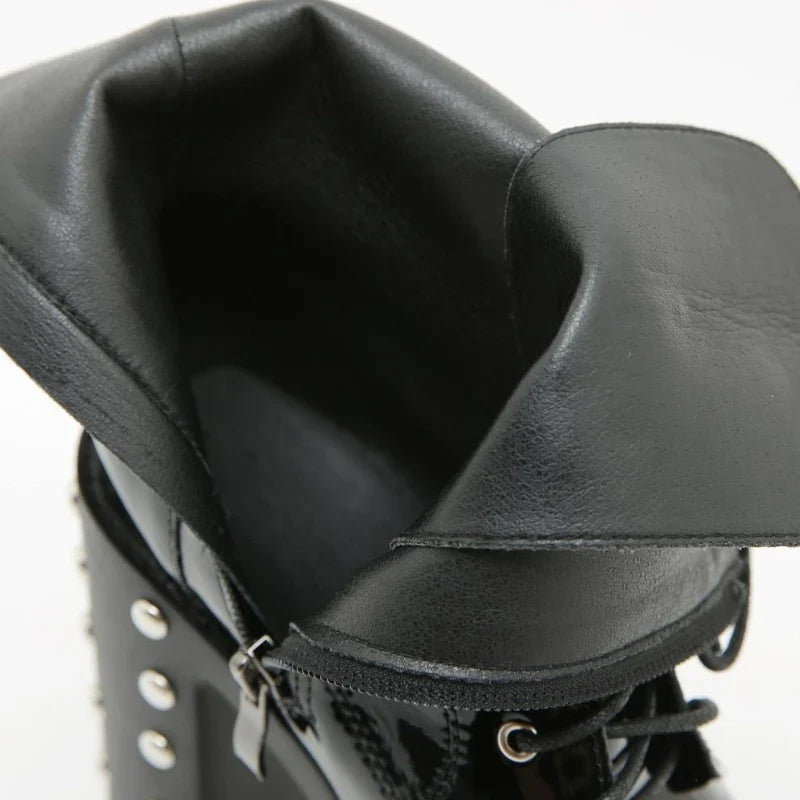 14 Cm Super High Heel Platform Modern Boot Women High Quality Patent Leather Rivets Punk Plus
