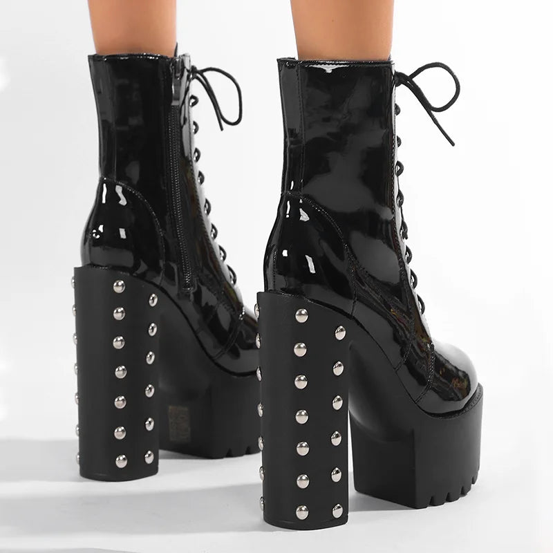 14 Cm Super High Heel Platform Modern Boot Women High Quality Patent Leather Rivets Punk Plus