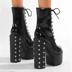 14 Cm Super High Heel Platform Modern Boot Women High Quality Patent Leather Rivets Punk Plus