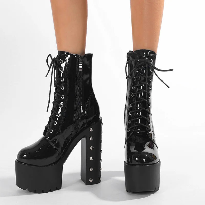 14 Cm Super High Heel Platform Modern Boot Women High Quality Patent Leather Rivets Punk Plus