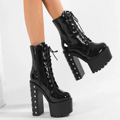 14 Cm Super High Heel Platform Modern Boot Women High Quality Patent Leather Rivets Punk Plus