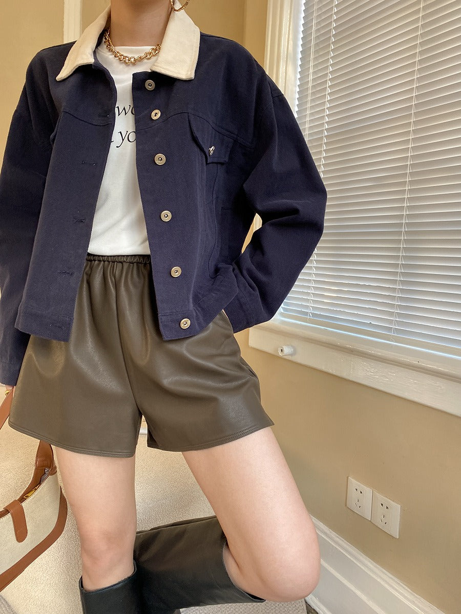 Loose A-leg Elastic Short Leather Pants