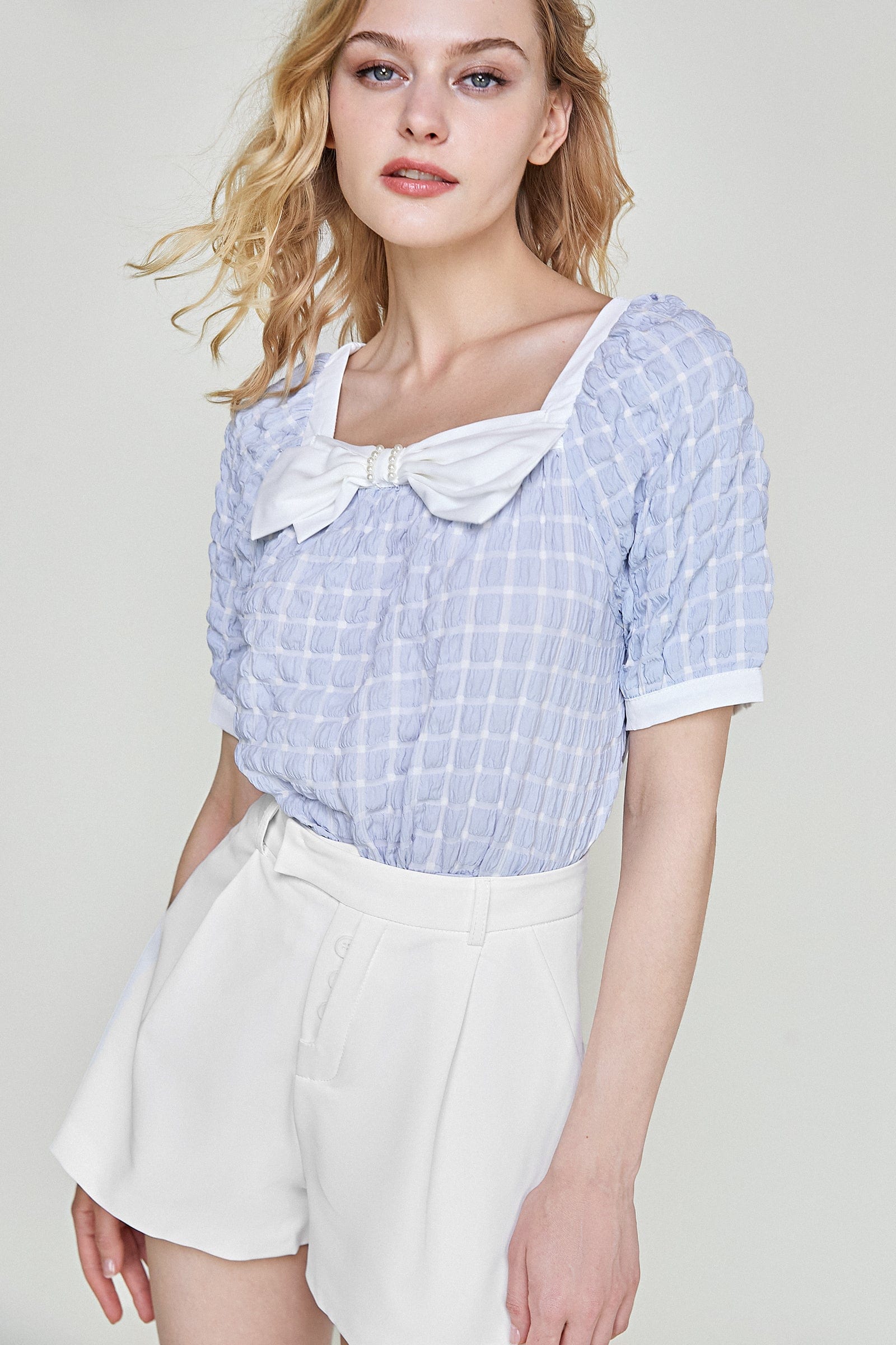Light Sky Blue Square Neck Bow-Embellished Textured Blouse