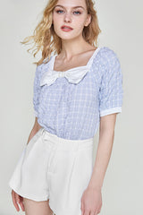 Light Sky Blue Square Neck Bow-Embellished Textured Blouse