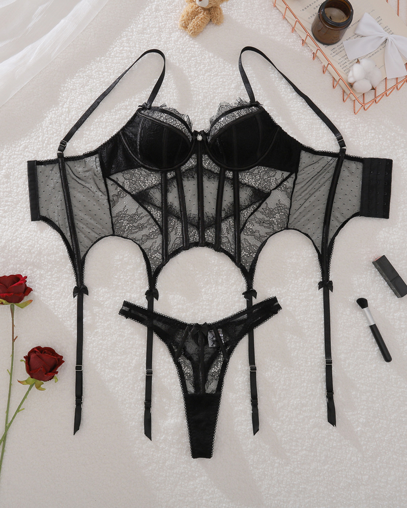 Sheer Eyelash Lace Trim Boned Lingerie Set