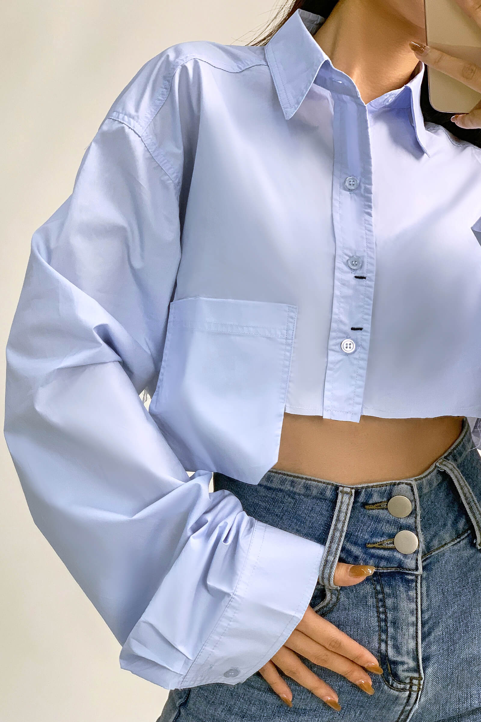 Light Blue Pocket Detail Cropped Shirt