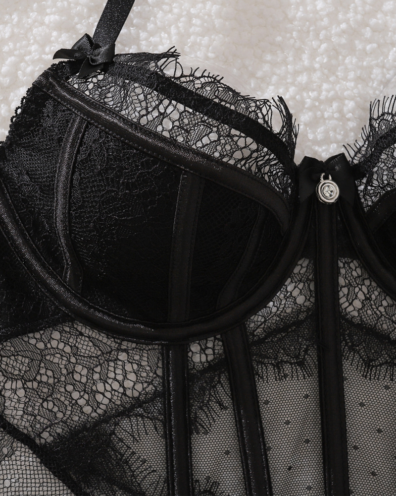 Sheer Eyelash Lace Trim Boned Lingerie Set