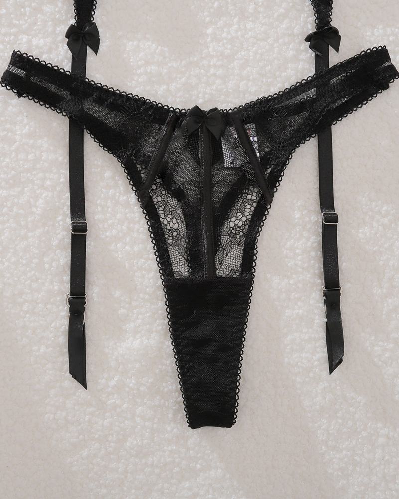 Sheer Eyelash Lace Trim Boned Lingerie Set