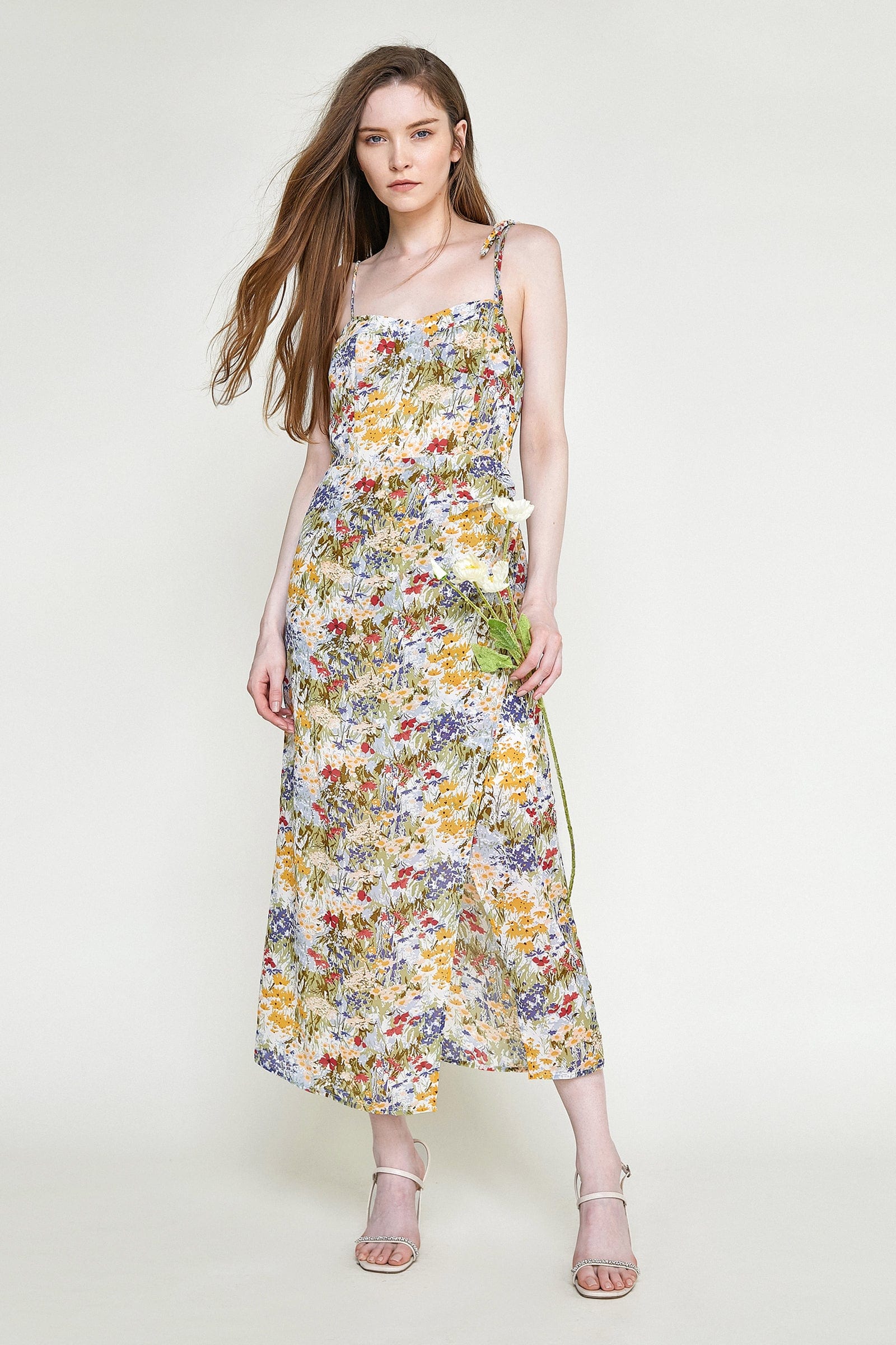 Multicolor Floral Print Tie Strap Wrap Midi Dress