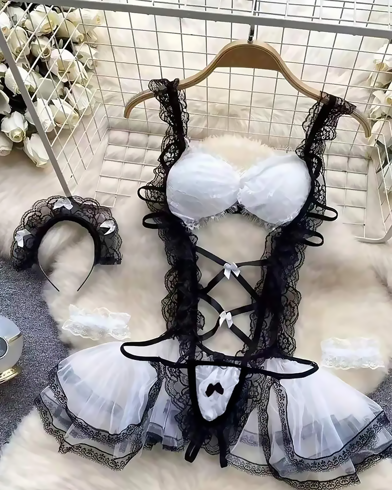 Maid Style Lace Trim Hollow-Out Bodysuit