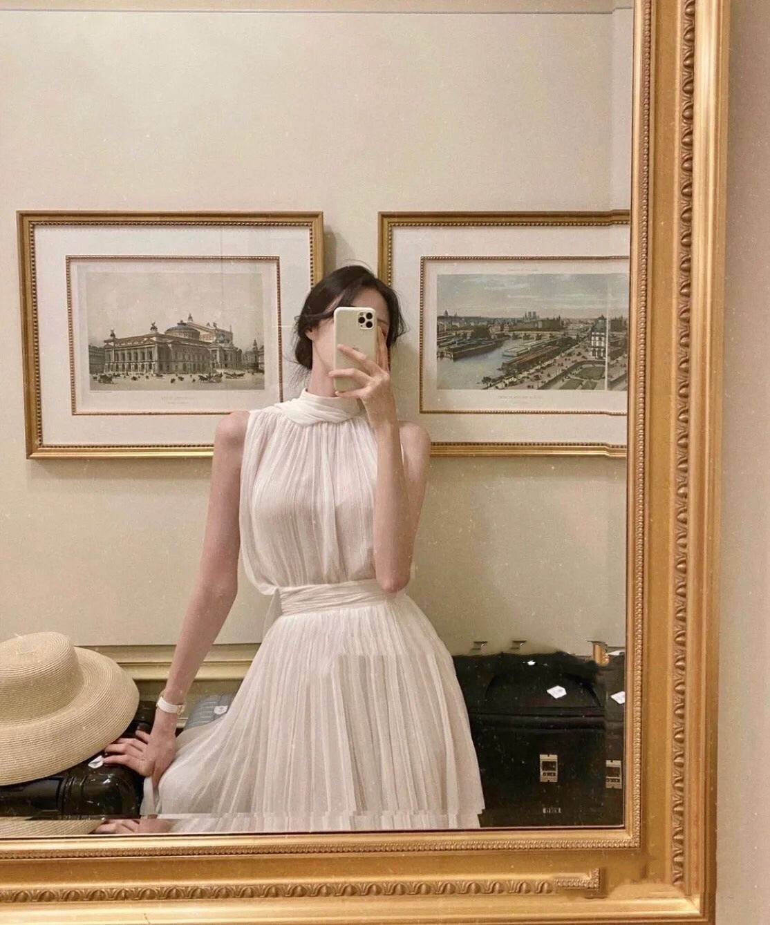 White Sleeveless Pleat Detail Spaghetti Strap Midi Dress