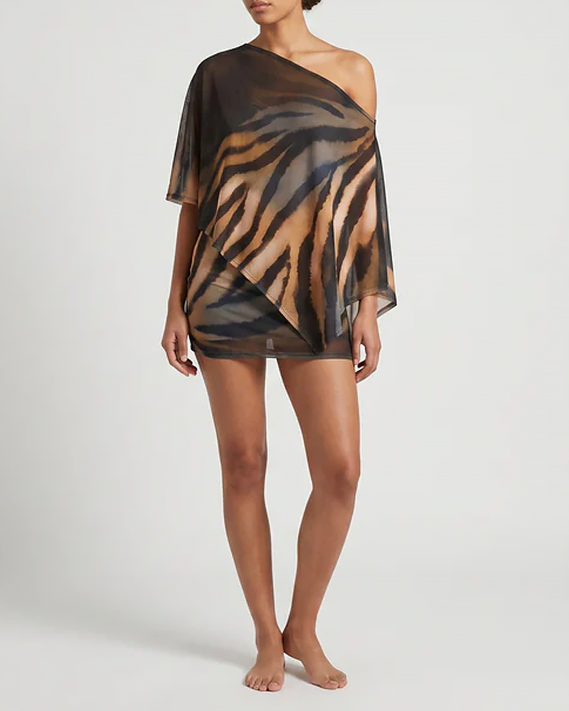 Claw Print One-Shoulder Top with Cape & Bodycon Skirt Set