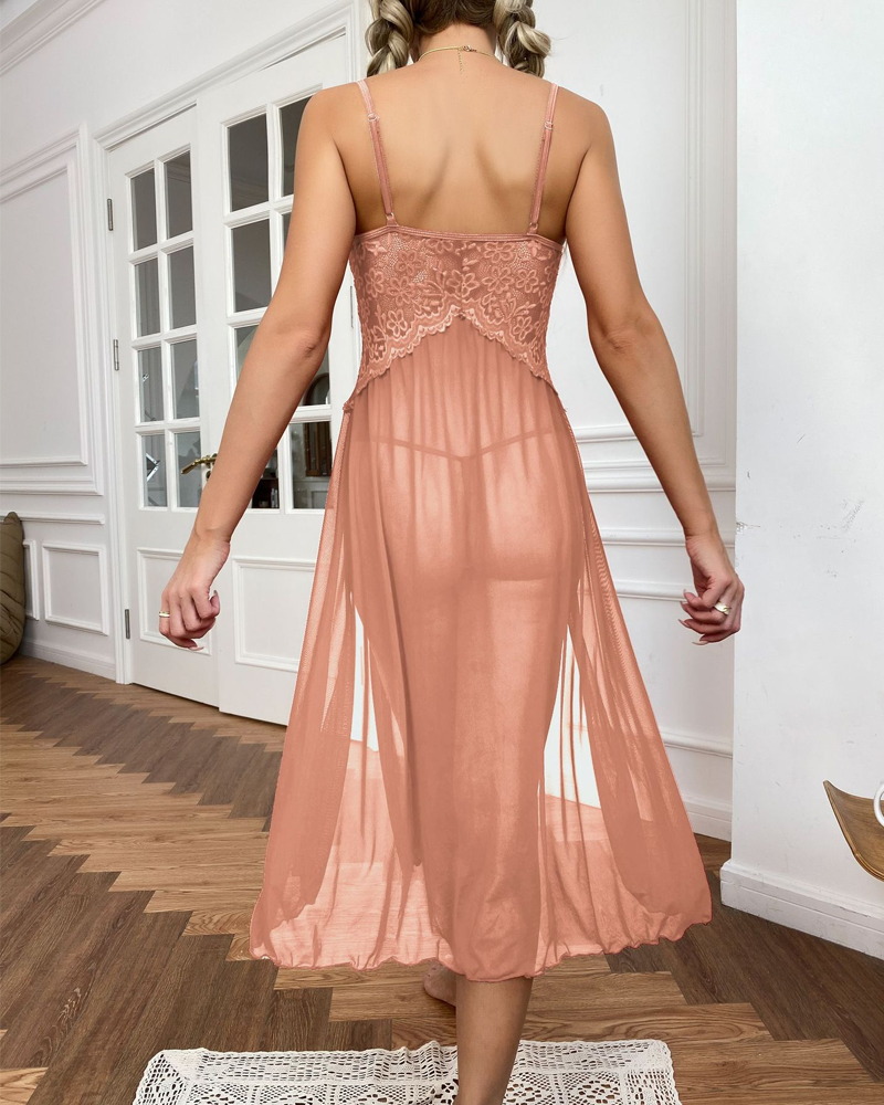 Sheer Mesh Deep V-Neck Lace Side Slit Slip Dress