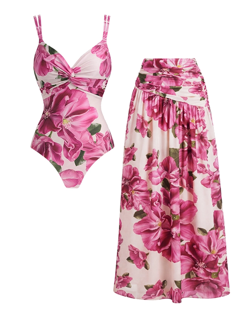 Elegant Pink Floral Printed Swimsuit Set