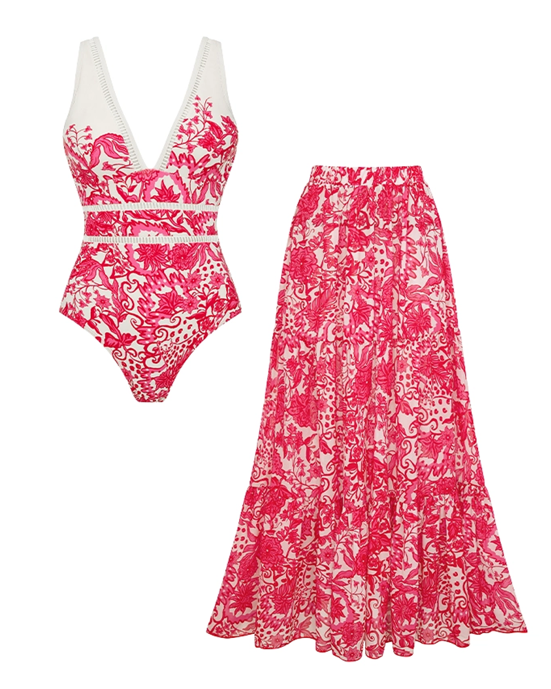 V Neck Ruffle Printed Swimsuit Set