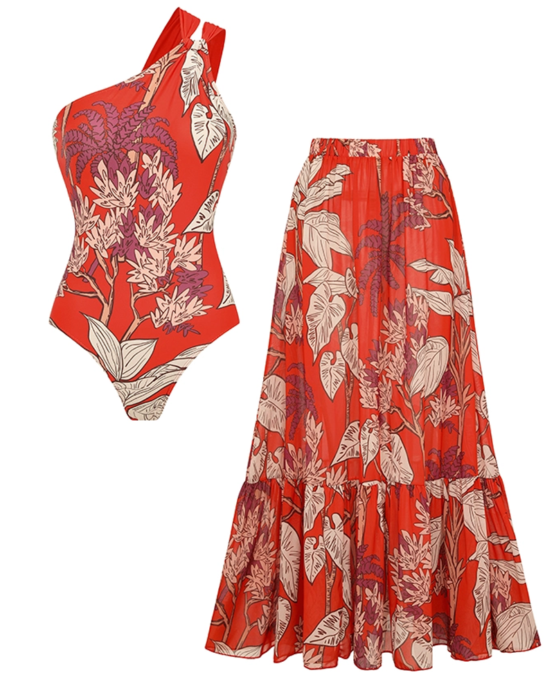 One Shoulder Red Plant Print Swimsuit Set