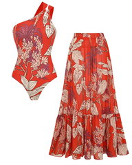 One Shoulder Red Plant Print Swimsuit Set