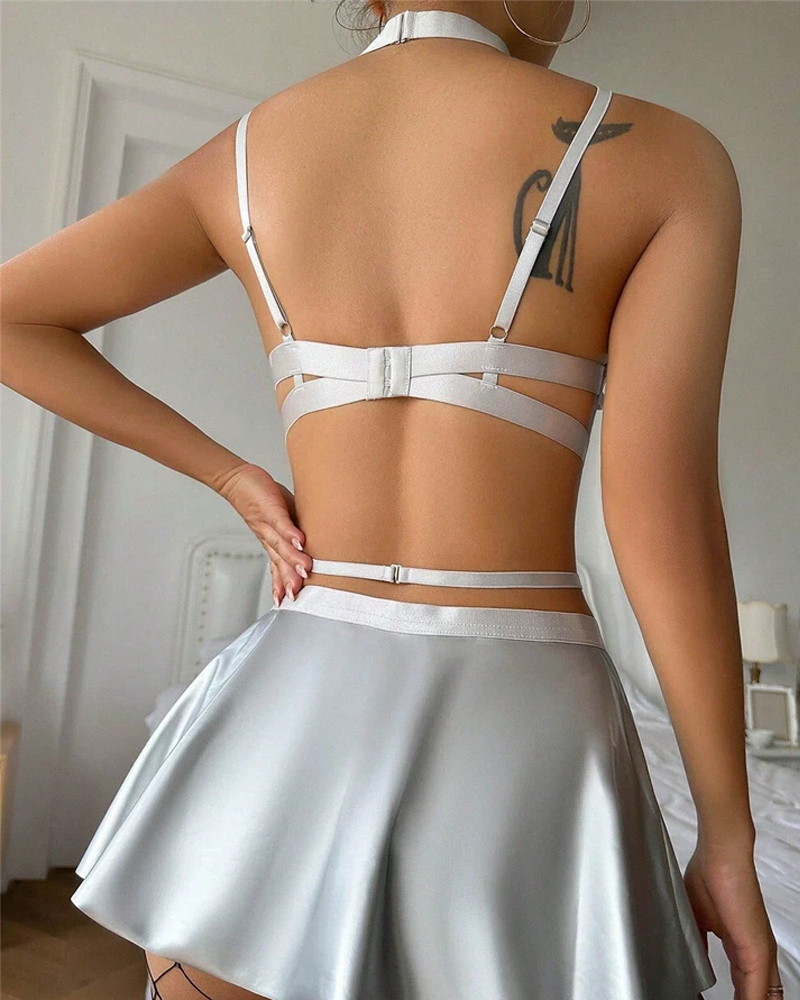 Cutout Faux Leather Mini Skirt Lingerie Set