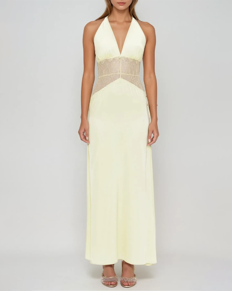 Elegant V-Neck Halter Lace and Satin Patchwork Maxi Dress