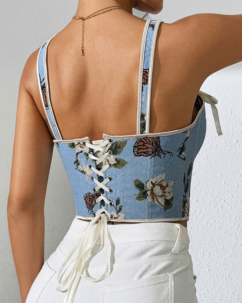 French Style Bow Lace-Up Floral Body Shaper Women's Sling Printed Slim-Fit Vest Corset