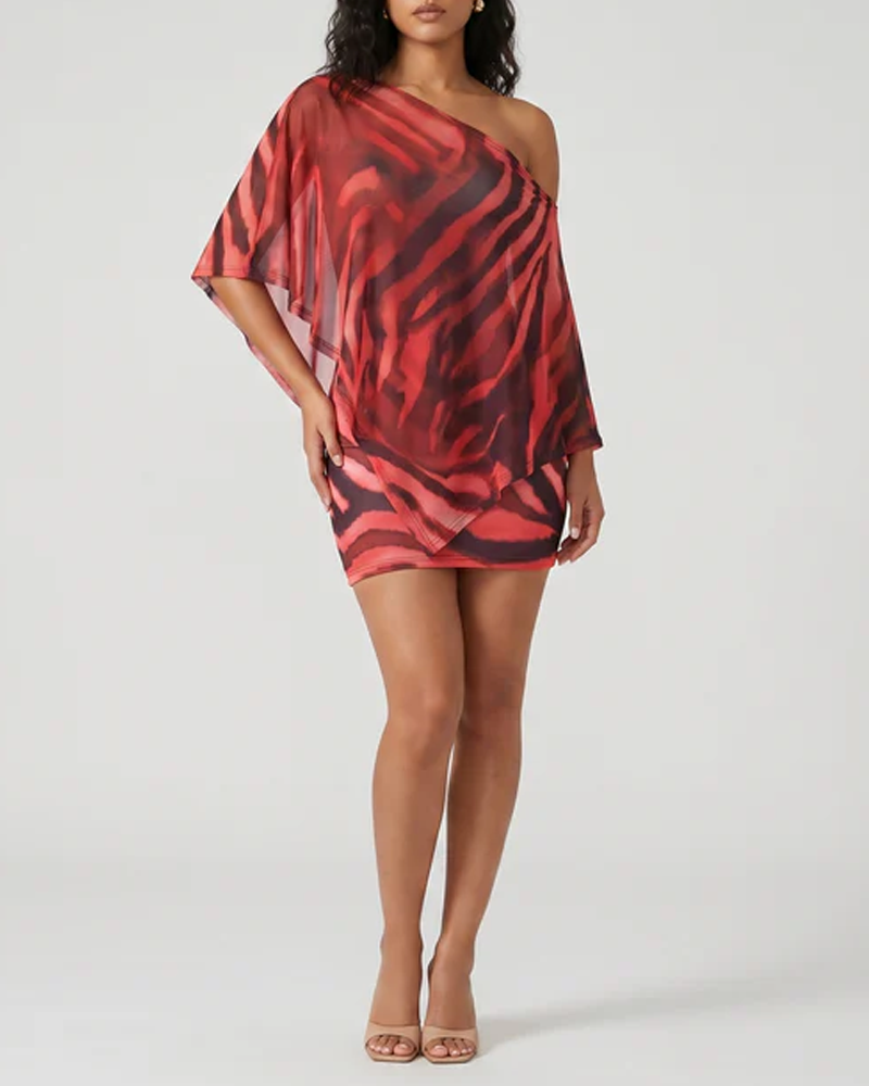 Claw Print One-Shoulder Top with Cape & Bodycon Skirt Set