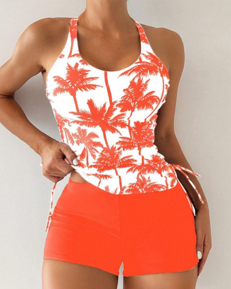 Printed Bodycon Backless Drawstring Slim-Fit Two-Piece Swimsuit