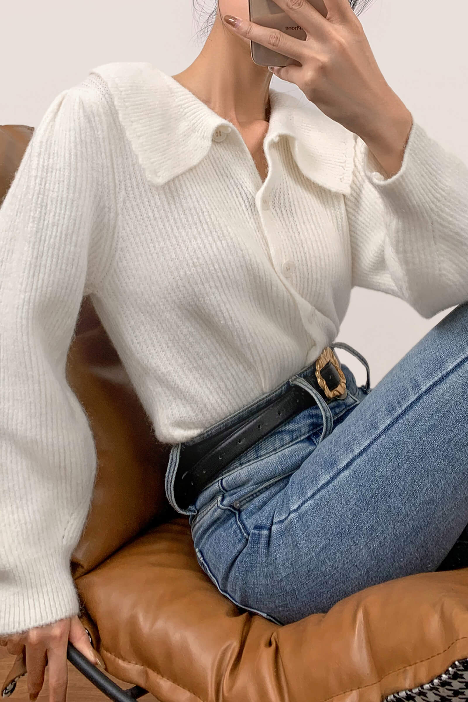 White Collared Ribbed Knit Cardigan