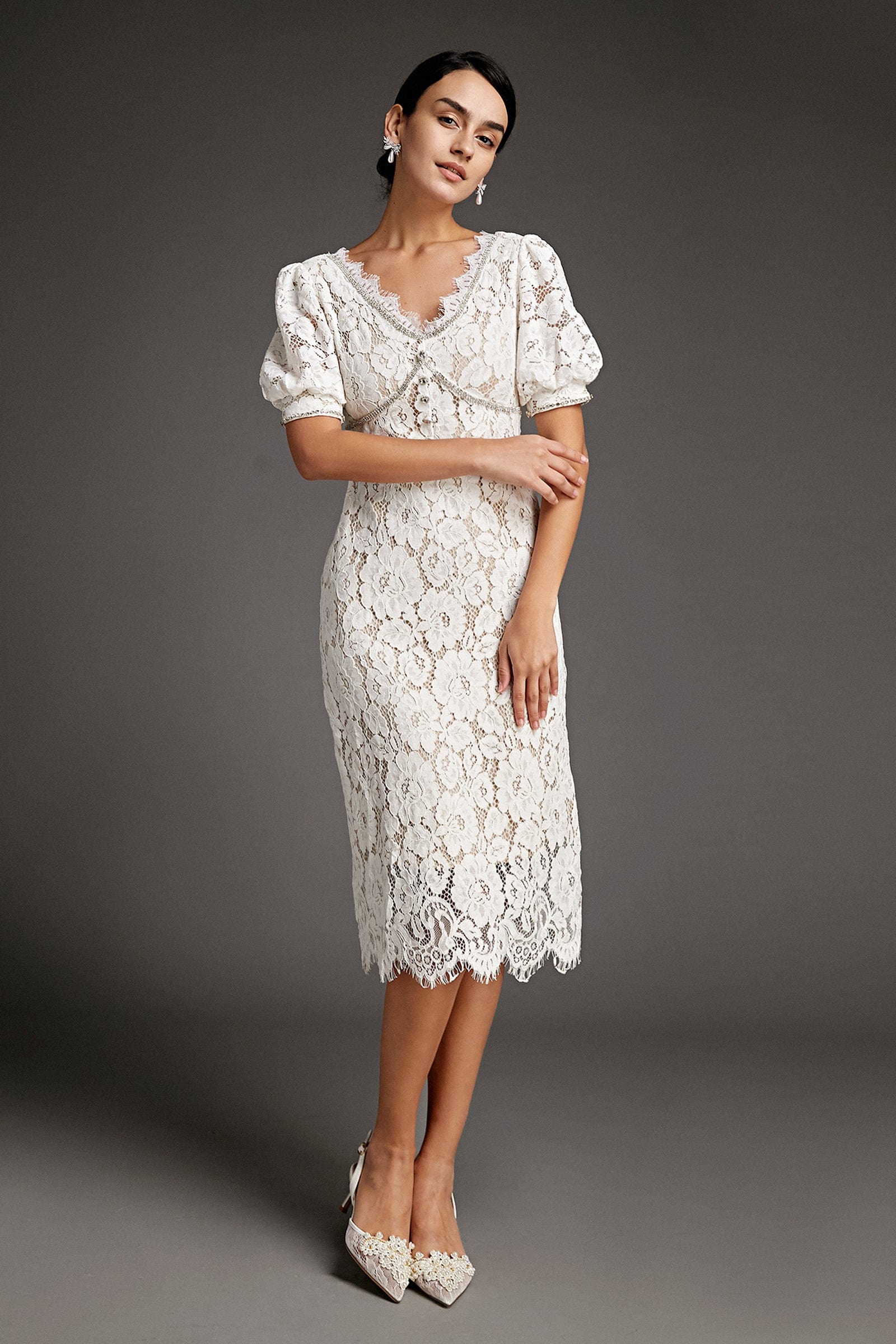 White Lace Overlay V-Neck Rhinestone Detail Midi Dress