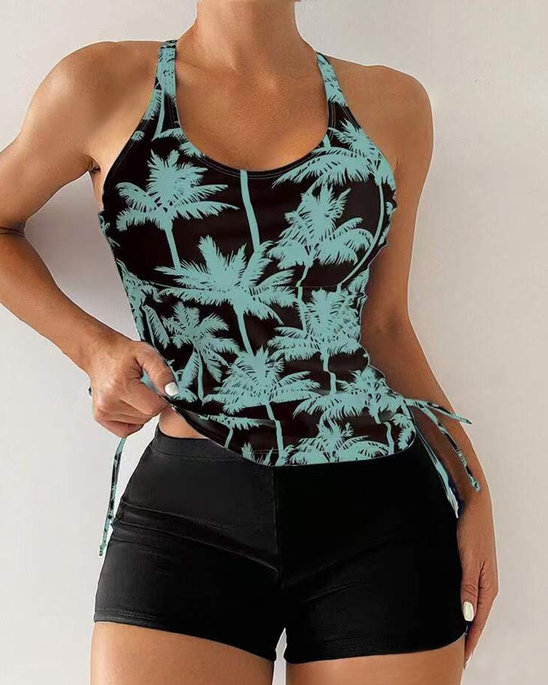 Printed Bodycon Backless Drawstring Slim-Fit Two-Piece Swimsuit
