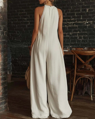 Elegant Casual Loose Linen Jumpsuit with Lace Trim