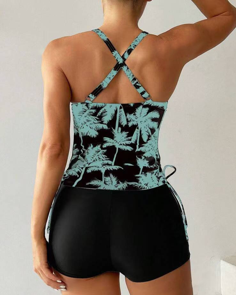 Printed Bodycon Backless Drawstring Slim-Fit Two-Piece Swimsuit